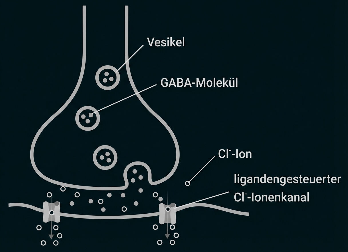 Grafik einer GABA-Synapse: Vesikel, freigesetzte GABA-Moleküle und ligandengesteuerte Chloridkanäle.